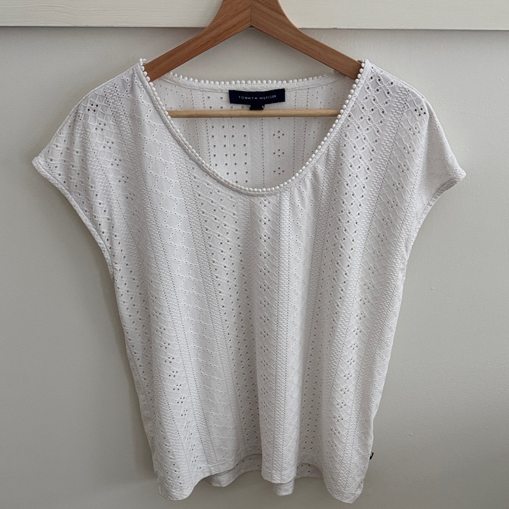 Tommy Hilfiger Women’s White Eyelet Short Sleeve Tee Stretch Summer Blouse S